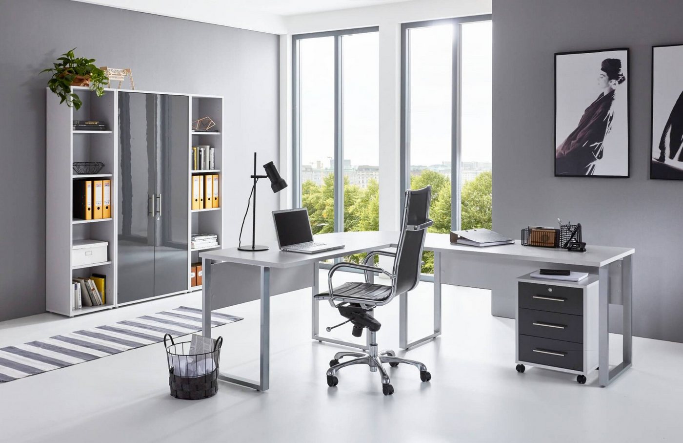 moebel-dich-auf Schreibtisch OFFICE EDITION Set 3 (Büromöbel-Set Aktenschränke abschließbar, Winkelschreibtisch + Rollcontainer + Aktenschrank + Aktenregale), Metallgriffe von moebel-dich-auf