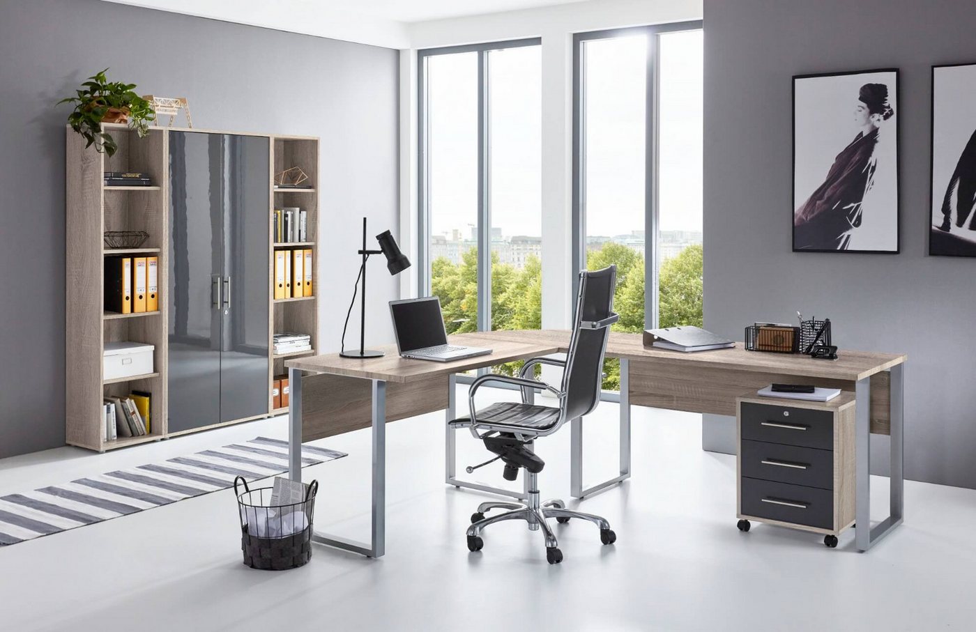 moebel-dich-auf Schreibtisch OFFICE EDITION Set 3 (Büromöbel-Set Aktenschränke abschließbar, Winkelschreibtisch + Rollcontainer + Aktenschrank + Aktenregale), Metallgriffe von moebel-dich-auf