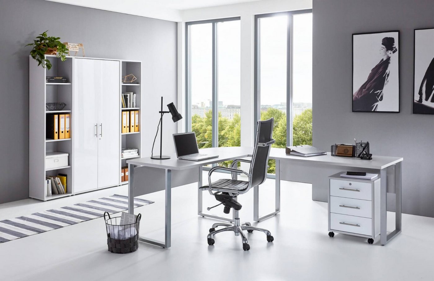 moebel-dich-auf Büromöbel-Set OFFICE EDITION Set 3, (Aktenschränke abschließbar, Winkelschreibtisch + Rollcontainer + Aktenschrank + Aktenregale), Metallgriffe von moebel-dich-auf