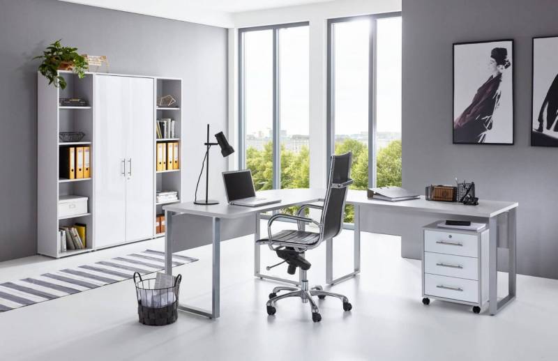 moebel-dich-auf Büromöbel-Set OFFICE EDITION Set 3, (Aktenschränke abschließbar, Winkelschreibtisch + Rollcontainer + Aktenschrank + Aktenregale), Metallgriffe von moebel-dich-auf