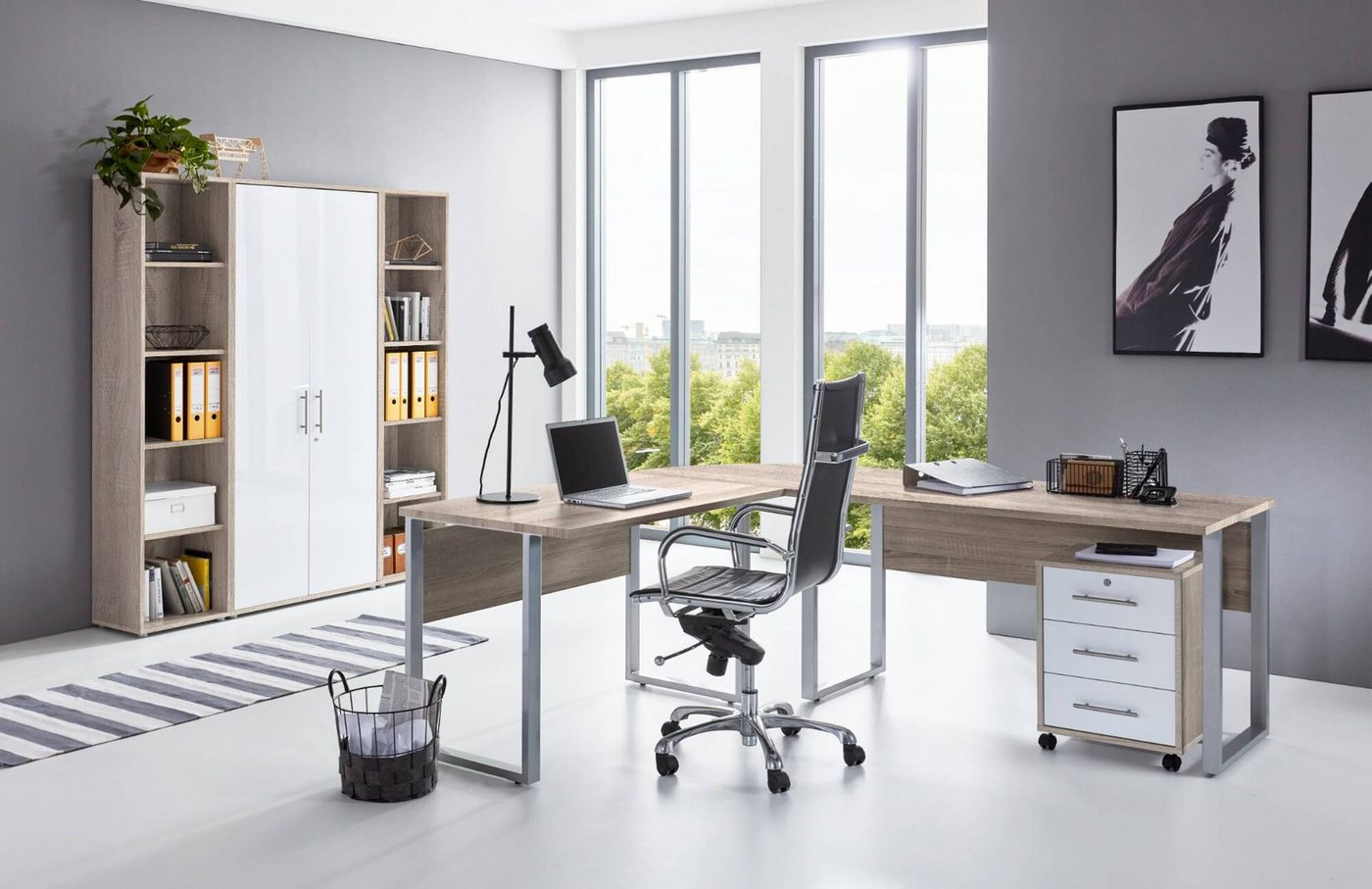 moebel-dich-auf Schreibtisch OFFICE EDITION Set 3 (Büromöbel-Set Aktenschränke abschließbar, Winkelschreibtisch + Rollcontainer + Aktenschrank + Aktenregale), Metallgriffe von moebel-dich-auf