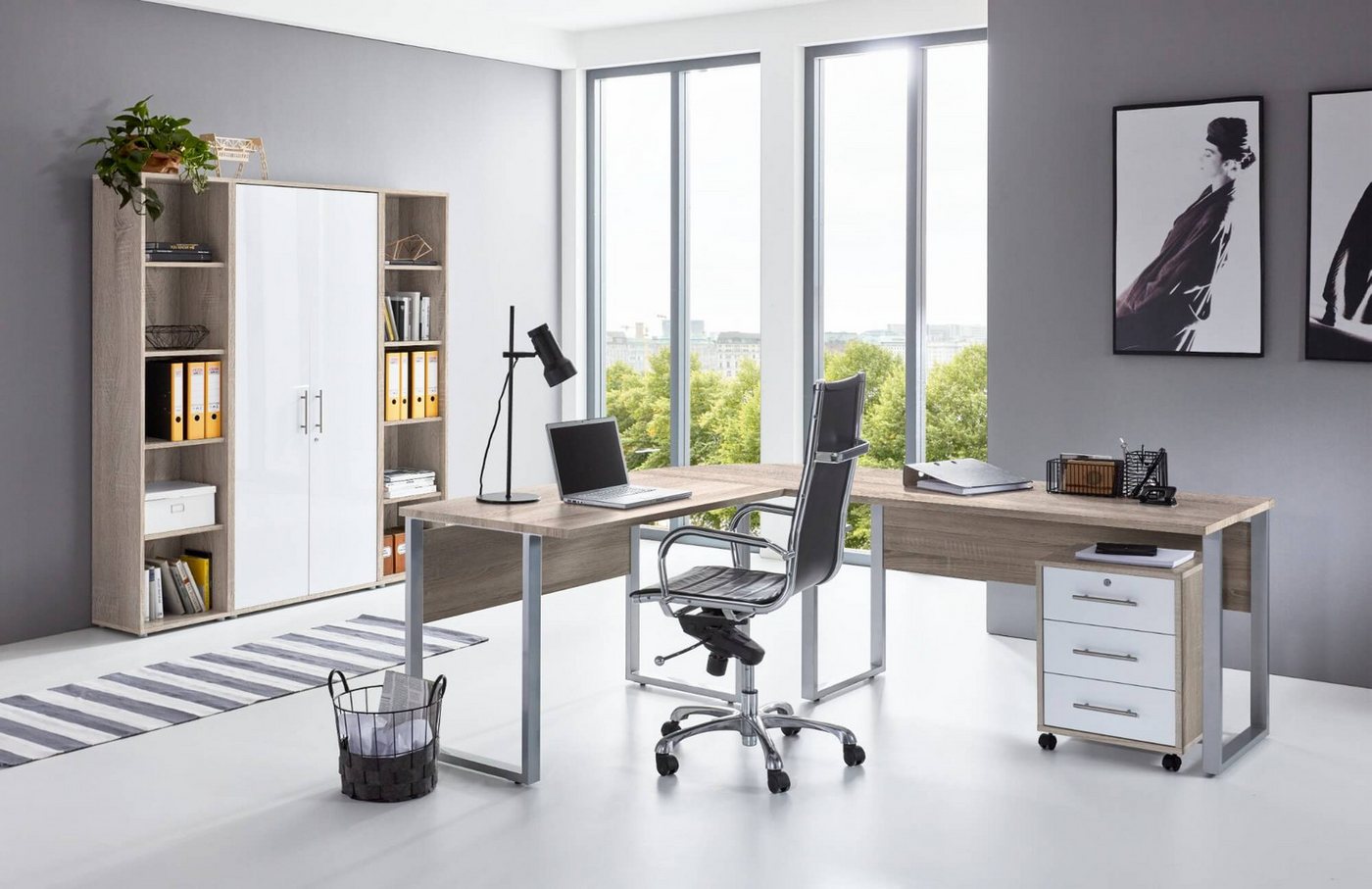 moebel-dich-auf Büromöbel-Set OFFICE EDITION Set 3, (Aktenschränke abschließbar, Winkelschreibtisch + Rollcontainer + Aktenschrank + Aktenregale), Metallgriffe von moebel-dich-auf