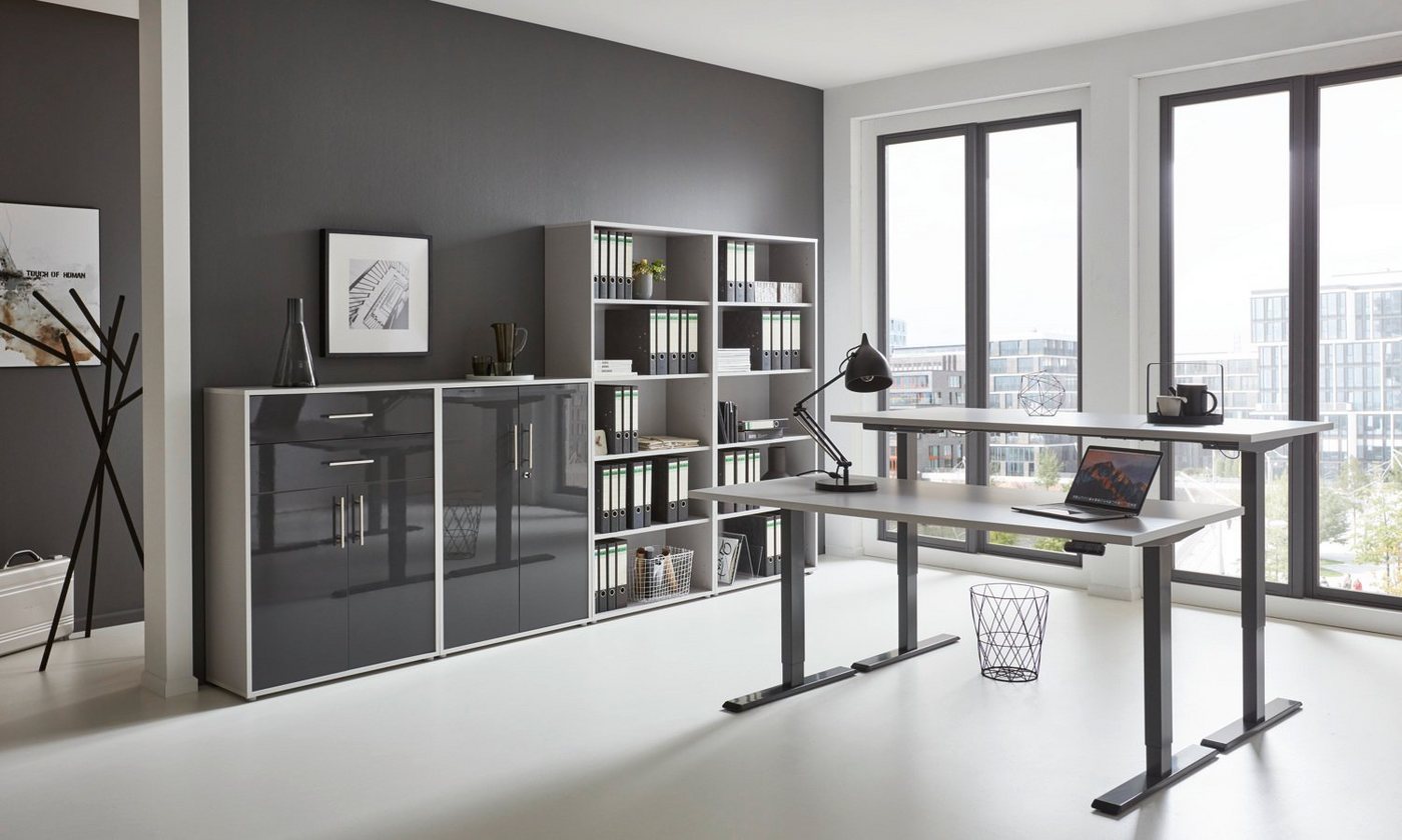 moebel-dich-auf Büromöbel-Set e-OFFICE EDITION, (Büromöbel-Set, Set 21, elektrisch höhenverstellbarer Schreibtisch + Aktenschränke), stufenlos verstellbar 69-119 cm, mit Memory-Funktion von moebel-dich-auf