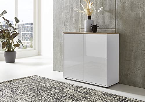 moebel-dich-auf Schuhschrank Ben 4 Kommode Sideboard Türkommode (weiß/weiß Hochglanz, Absetzung in Artisan Eiche Nb.) von moebel-dich-auf