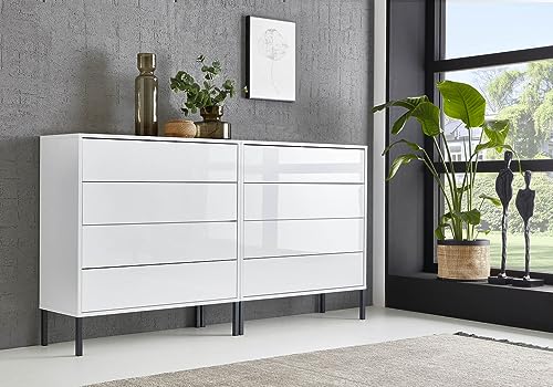 moebel-dich-auf Sideboard Ben Set 1 mit Metallfüßen Schubkastenkommode (weiß/weiß Hochglanz) von moebel-dich-auf