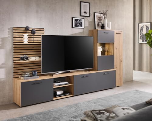 moebel dich auf Wohnwand Anbauwand Wohnzimmer-Set Ancona in Artisan Eiche Nb. / anthrazit, Wandboard + Lowboard + Vitrine (BxHxT) 250x135x38 cm von moebel dich auf