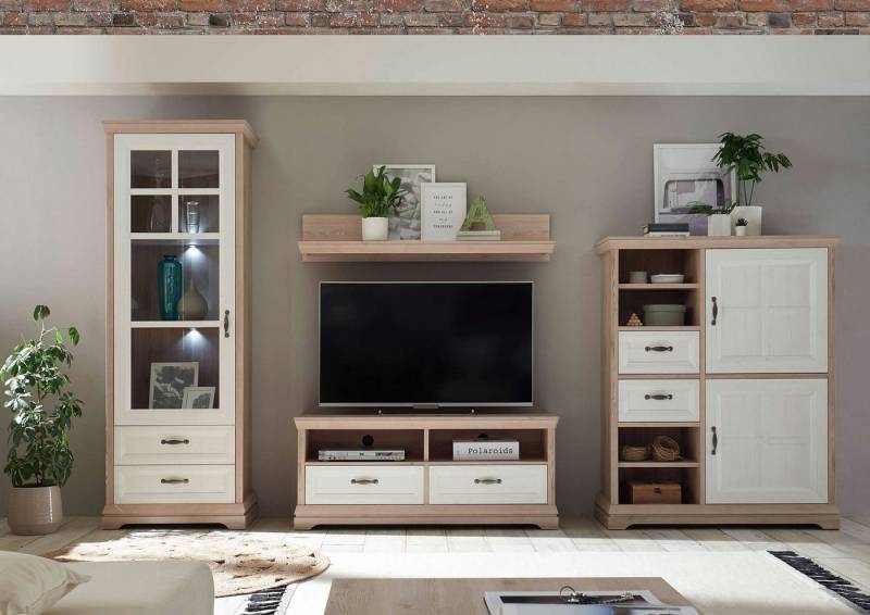 moebel-dich-auf Wohnwand BELLEVUE, (Wohnzimmer-Set In Polar Eiche / Anderson Pine, 4-St., Vitrine + Lowboard + Wandboard + Highboard), optional mit Sideboard von moebel-dich-auf