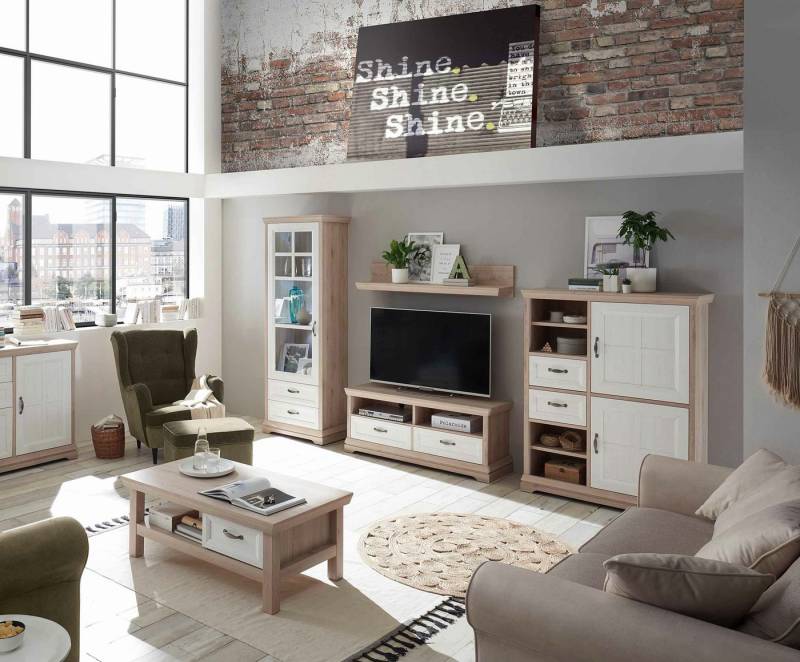 moebel-dich-auf Wohnwand BELLEVUE, (Wohnzimmer-Set In Polar Eiche / Anderson Pine, 5-St., Vitrine + Lowboard + Wandboard + Highboard), optional mit Sideboard von moebel-dich-auf