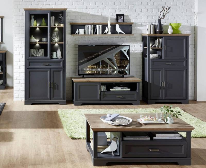 moebel-dich-auf Wohnwand FLORENZ Set 2, (Wohnzimmer-Set in 2 Farben, Vitrine + Wandboard + Lowboard + Stauraumelement), inkl. LED-Beleuchtung, optional mit Couchtisch von moebel-dich-auf