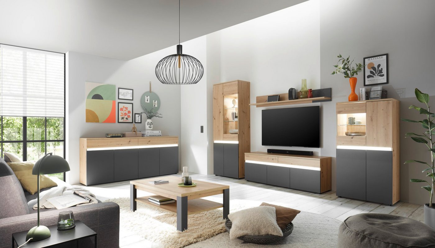 moebel-dich-auf Wohnwand LIMOGES, (in Artisan Eiche Nb. / anthrazit, Vitrine + Wandboard + Lowboard + Highboard), inkl. LED-Beleuchtung, optional mit Sideboard von moebel-dich-auf