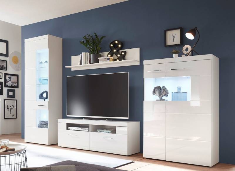 moebel-dich-auf Wohnwand LUGANO, (4-tlg., Vitrine + Wandboard + Lowboard + Highboard), Korpus: weiß, MDF-Front: weiß Hochglanz von moebel-dich-auf