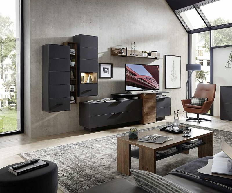 moebel-dich-auf Wohnwand MEDIANA 1, (Wohnzimmer-Set in graphit / Haveleiche Cognac Nb., 2 Hängevitrinen + Hängeregal + Wandboard + Lowboard), Metallgriffe, optional mit Couchtisch und Sideboard von moebel-dich-auf