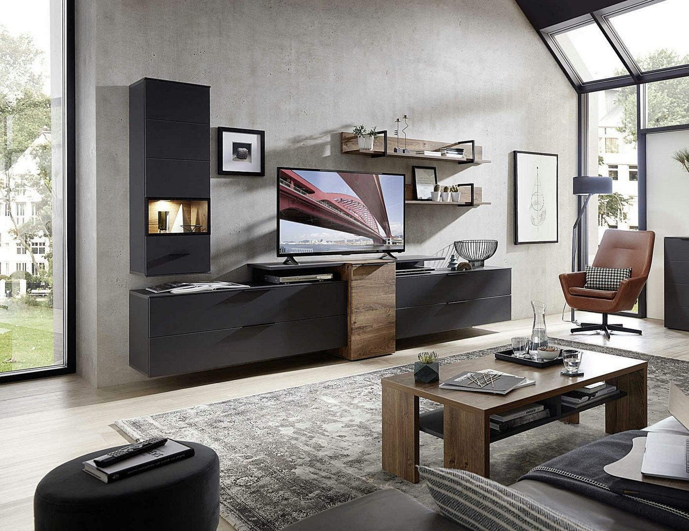moebel-dich-auf Wohnwand MEDIANA 2, (Wohnzimmer-Set in graphit / Haveleiche Cognac Nb., Hängevitrine + 2x Wandboard + Lowboard), Metallgriffe, optional mit Couchtisch und Sideboard von moebel-dich-auf