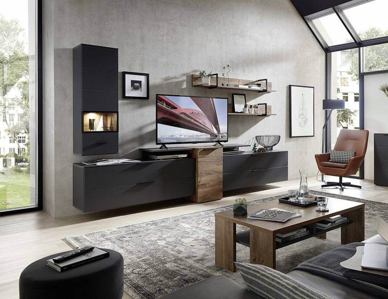 moebel-dich-auf Wohnwand MEDIANA 2, (Wohnzimmer-Set in graphit / Haveleiche Cognac Nb., Hängevitrine + 2x Wandboard + Lowboard), Metallgriffe, optional mit Couchtisch und Sideboard von moebel-dich-auf