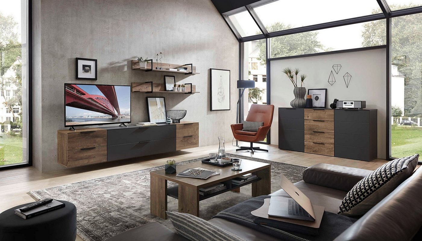 moebel-dich-auf Wohnwand MEDIANA 3, (Wohnzimmer-Set in graphit / Haveleiche Cognac Nb., 2x Wandboard + Lowboard), Metallgriffe, optional mit Couchtisch und Sideboard von moebel-dich-auf