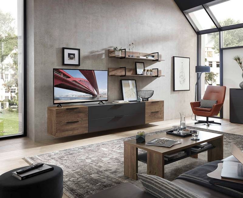 moebel-dich-auf Wohnwand MEDIANA 3, (Wohnzimmer-Set in graphit / Haveleiche Cognac Nb., 2x Wandboard + Lowboard), Metallgriffe, optional mit Couchtisch und Sideboard von moebel-dich-auf