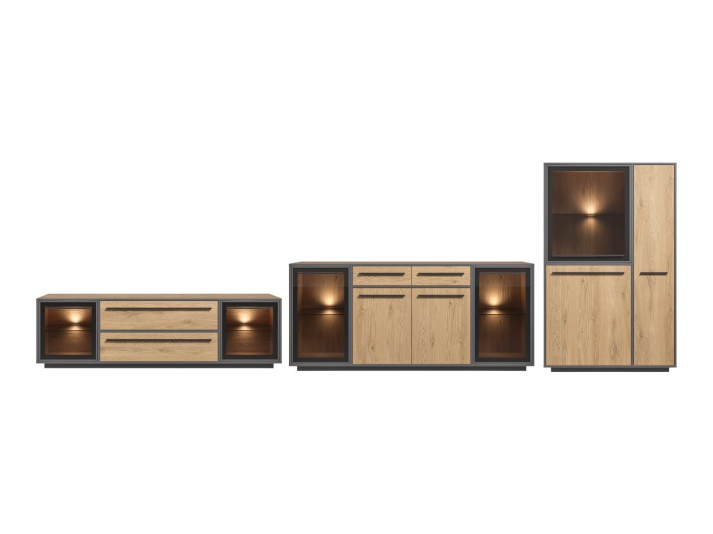 moebel-dich-auf Wohnwand NARDO, (Wildeiche / Absetzung: Anthrazit, Verschiedene Board-Sets), Braunglas, Softclose, inkl. LED-Beleuchtung von moebel-dich-auf