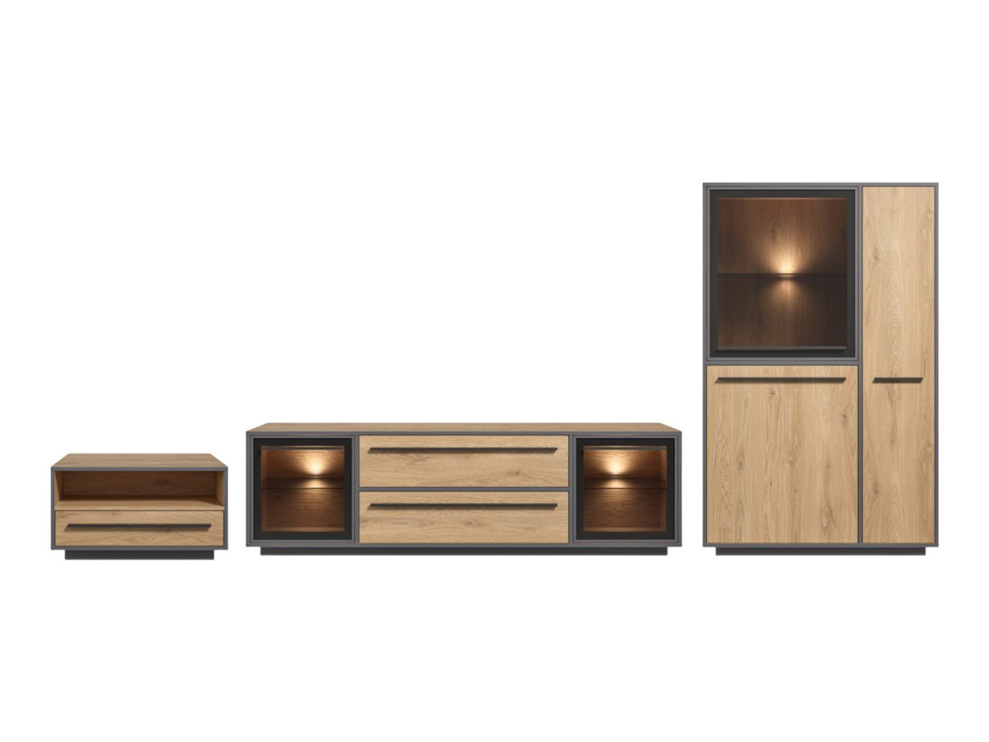 moebel-dich-auf Wohnwand NARDO, (Wildeiche / Absetzung: Anthrazit, Verschiedene Board-Sets), Braunglas, Softclose, inkl. LED-Beleuchtung von moebel-dich-auf