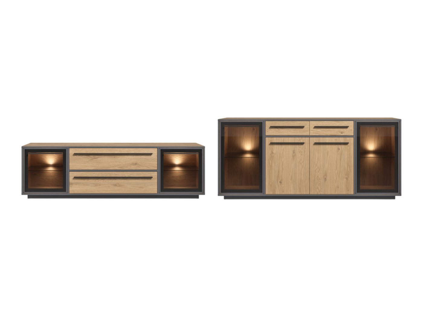moebel-dich-auf Wohnwand NARDO, (Wildeiche / Absetzung: Anthrazit, Verschiedene Board-Sets), Braunglas, Softclose, inkl. LED-Beleuchtung von moebel-dich-auf