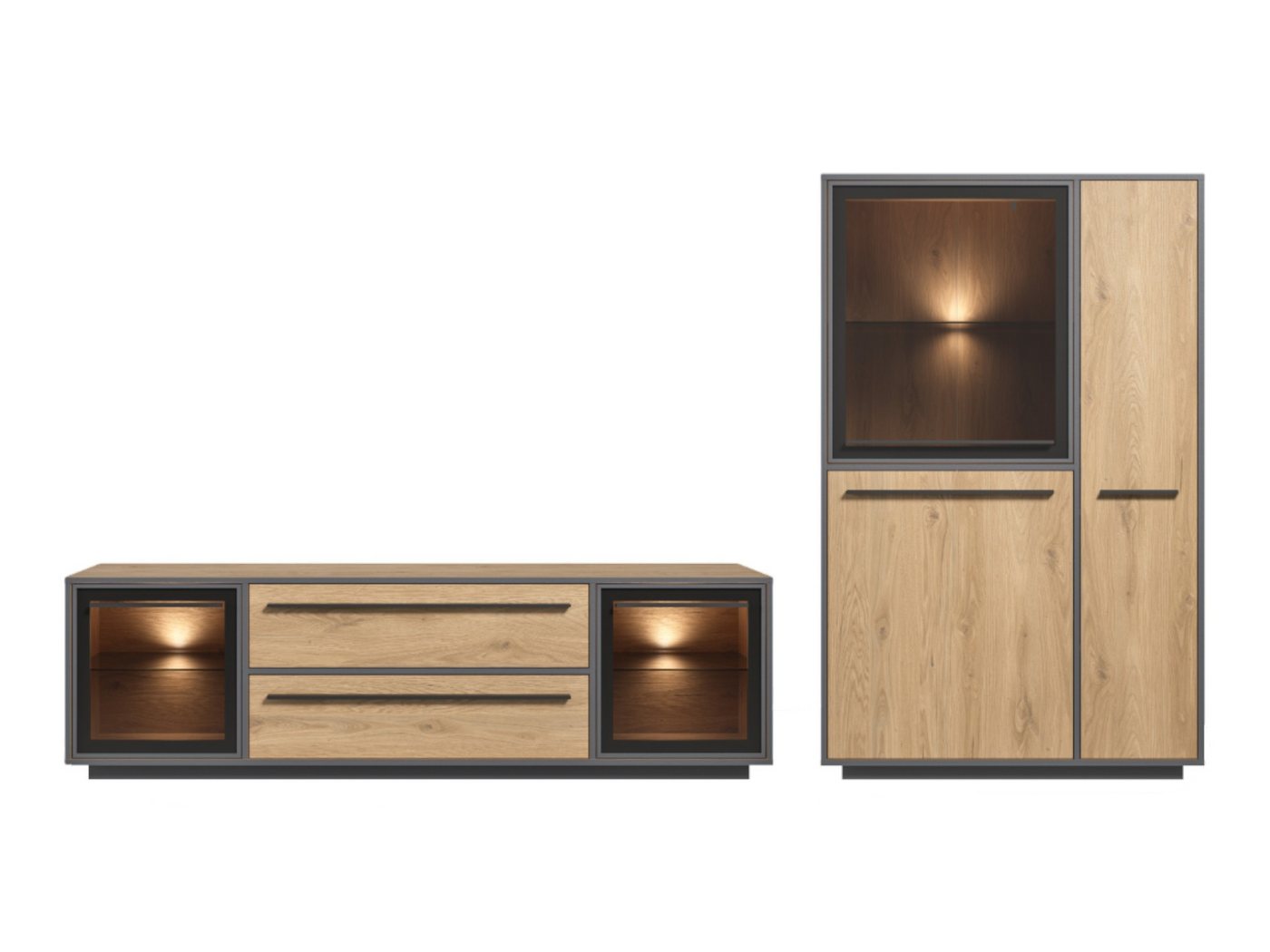 moebel-dich-auf Wohnwand NARDO, (Wildeiche / Absetzung: Anthrazit, Verschiedene Board-Sets), Braunglas, Softclose, inkl. LED-Beleuchtung von moebel-dich-auf