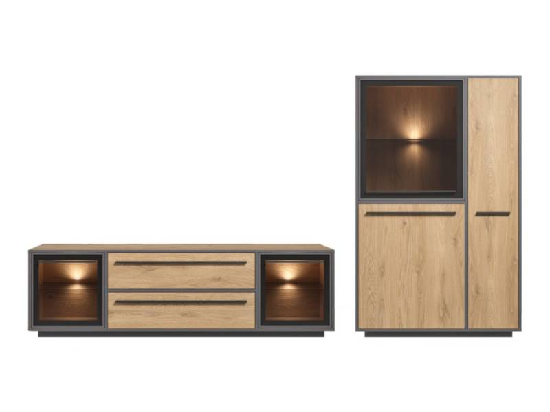 moebel-dich-auf Wohnwand NARDO, (Wildeiche / Absetzung: Anthrazit, Verschiedene Board-Sets), Braunglas, Softclose, inkl. LED-Beleuchtung von moebel-dich-auf