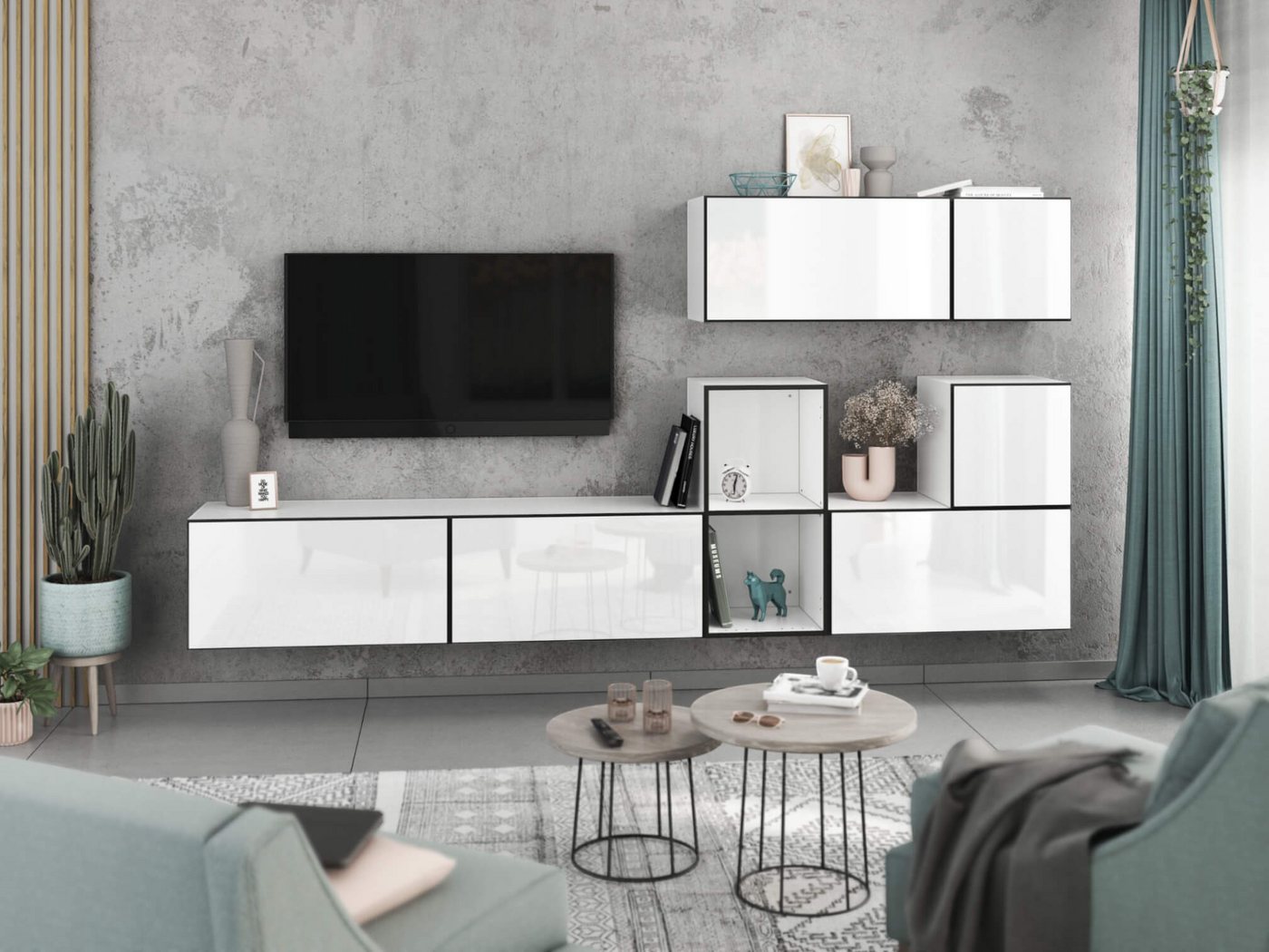 moebel-dich-auf Wohnwand VARIANTO 1, (7- teilig., besteht aus 4x Schrank mit Klappe, 2x Schrank mit Tür,1x offenes Regal), MDF Fronten tiefgezogen, Softclose von moebel-dich-auf