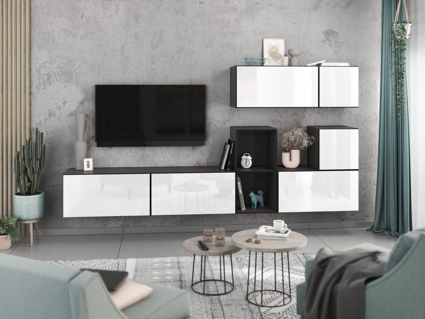 moebel-dich-auf Wohnwand VARIANTO 1, (7- teilig., besteht aus 4x Schrank mit Klappe, 2x Schrank mit Tür,1x offenes Regal), MDF Fronten tiefgezogen, Softclose von moebel-dich-auf