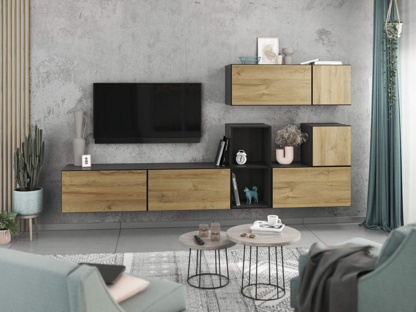 moebel-dich-auf Wohnwand VARIANTO 1, (7- teilig., besteht aus 4x Schrank mit Klappe, 2x Schrank mit Tür,1x offenes Regal), MDF Fronten tiefgezogen, Softclose von moebel-dich-auf