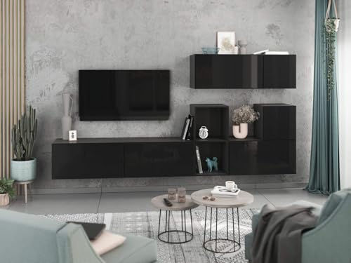 moebel-dich-auf Wohnwand VARIANTO 1 Schrank Set 7 TLG., 266 cm, anthrazit matt/schwarz Hochglanz, grifflos, stehend und hängend von moebel-dich-auf