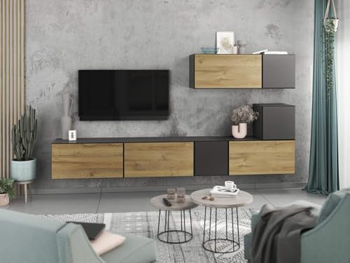 moebel-dich-auf Wohnwand VARIANTO 2 Schrank Set 7 TLG., 266 cm, anthrazit matt/Evoke Eiche/anthrazit matt M1, grifflos, stehend und hängend von moebel-dich-auf