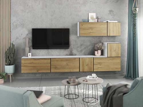 moebel-dich-auf Wohnwand VARIANTO 2 Schrank Set 7 TLG., 266 cm, weiß matt/Evoke Eiche, grifflos, stehend und hängend von moebel-dich-auf