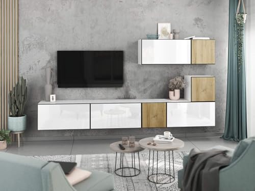 moebel-dich-auf Wohnwand VARIANTO 2 Schrank Set 7 TLG., 266 cm, weiß matt/Evoke Eiche/weiß Hochglanz M2, grifflos, stehend und hängend von moebel-dich-auf