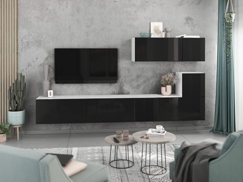 moebel-dich-auf Wohnwand VARIANTO 2 Schrank Set 7 TLG., 266 cm, weiß matt/schwarz Hochglanz, grifflos, stehend und hängend von moebel-dich-auf