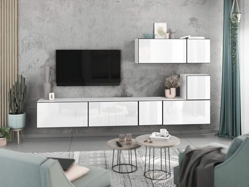 moebel-dich-auf Wohnwand VARIANTO 2 Schrank Set 7 TLG., 266 cm, weiß matt/weiß Hochglanz, grifflos, stehend und hängend von moebel-dich-auf
