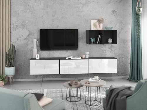 moebel-dich-auf Wohnwand VARIANTO 3 Schrank Set 5 TLG., 228 cm, anthrazit matt/weiß Hochglanz, Wandhängend, 3 Schränke mit Klappen und Softclose, 2 offene Regale von moebel-dich-auf
