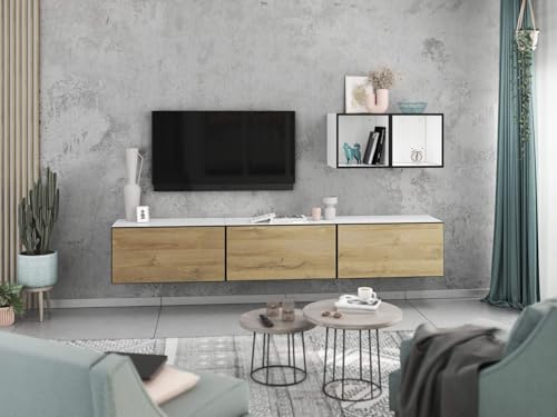 moebel-dich-auf Wohnwand VARIANTO 3 Schrank Set 5 TLG., 228 cm, weiß matt/Evoke Eiche, Wandhängend, 3 Schränke mit Klappen und Softclose, 2 offene Regale von moebel-dich-auf