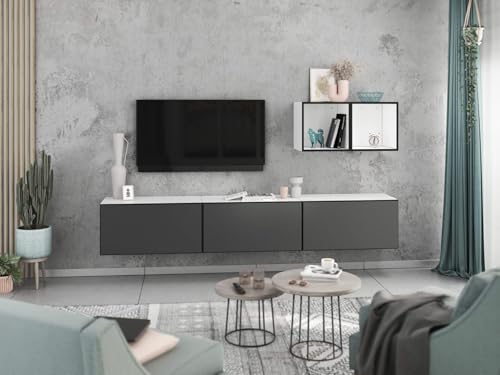 moebel-dich-auf Wohnwand VARIANTO 3 Schrank Set 5 TLG., 228 cm, weiß matt/anthrazit matt, Wandhängend, 3 Schränke mit Klappen und Softclose, 2 offene Regale von moebel-dich-auf