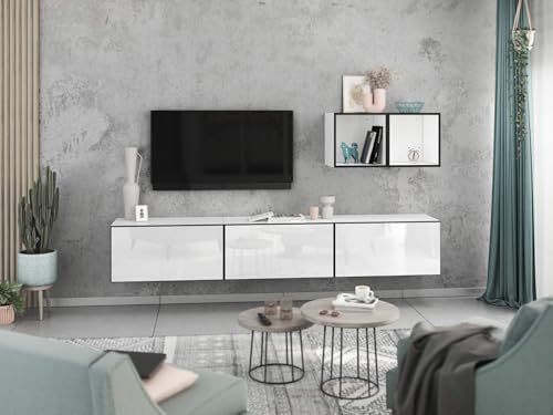 moebel-dich-auf Wohnwand VARIANTO 3 Schrank Set 5 TLG., 228 cm, weiß matt/weiß Hochglanz, Wandhängend, 3 Schränke mit Klappen und Softclose, 2 offene Regale von moebel-dich-auf