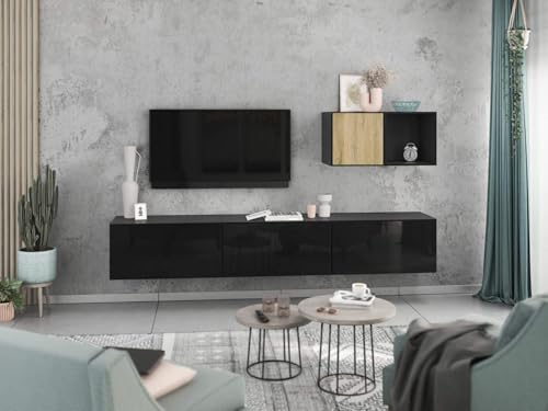 moebel-dich-auf Wohnwand VARIANTO 5 Schrank Set 5 TLG., 228 cm, anthrazit matt/schwarz Hochglanz/Evoke Eiche, Wandhängend, 3 Schränke mit Klappen, 1 Schrank mit Tür und 1 Regal von moebel-dich-auf