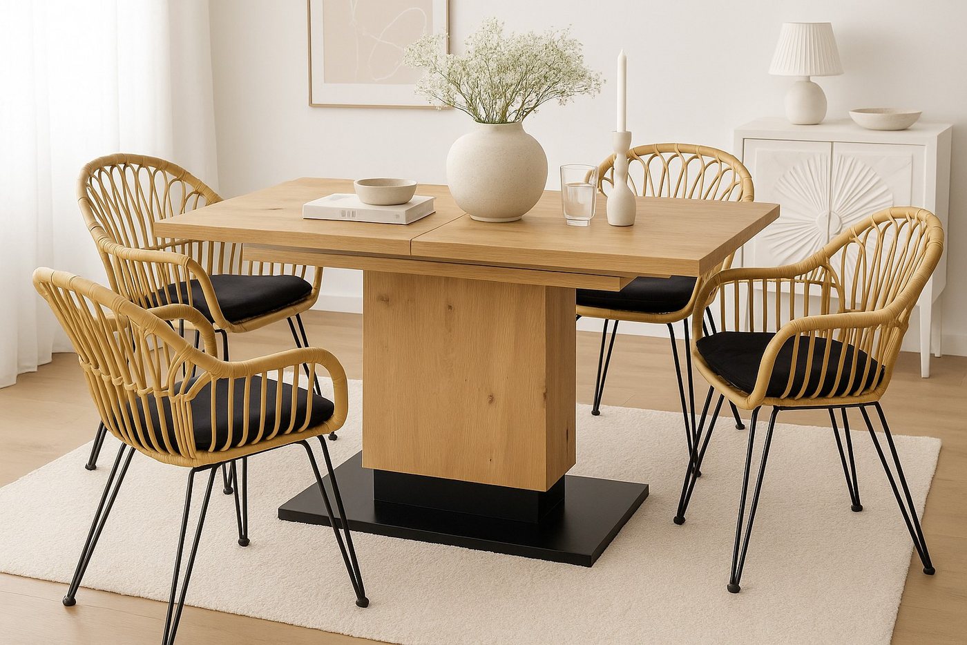 moebel-direkt-online Essgruppe 5tlg. Tischgruppe mit Esstisch ausziehbar und vier Rattanstühlen moebel-direkt-online Essgruppe 5tlg. Tischgruppe mit Esstisch ausziehbar und vier Rattanstühlen von moebel-direkt-online