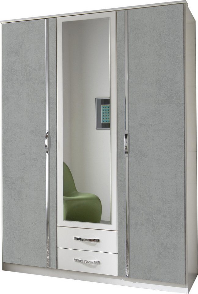 möbel-direkt.de Drehtürenschrank Duo in Weiß mit Beton (komplett, 1-St., Kleiderschrank) Made in Germany, mit Aufleistungen in Chrom, mit Spiegel von möbel-direkt.de