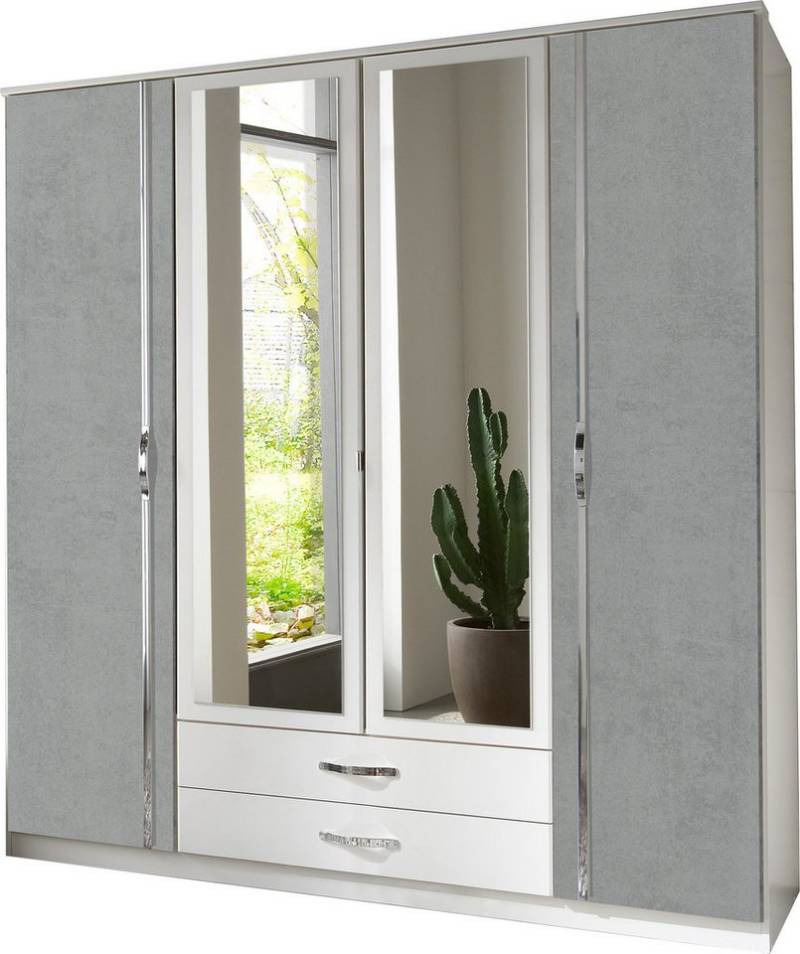 möbel-direkt.de Drehtürenschrank Duo in Weiß mit Beton (komplett, 1-St., Kleiderschrank) Made in Germany, mit Aufleistungen in Chrom, mit Spiegel von möbel-direkt.de