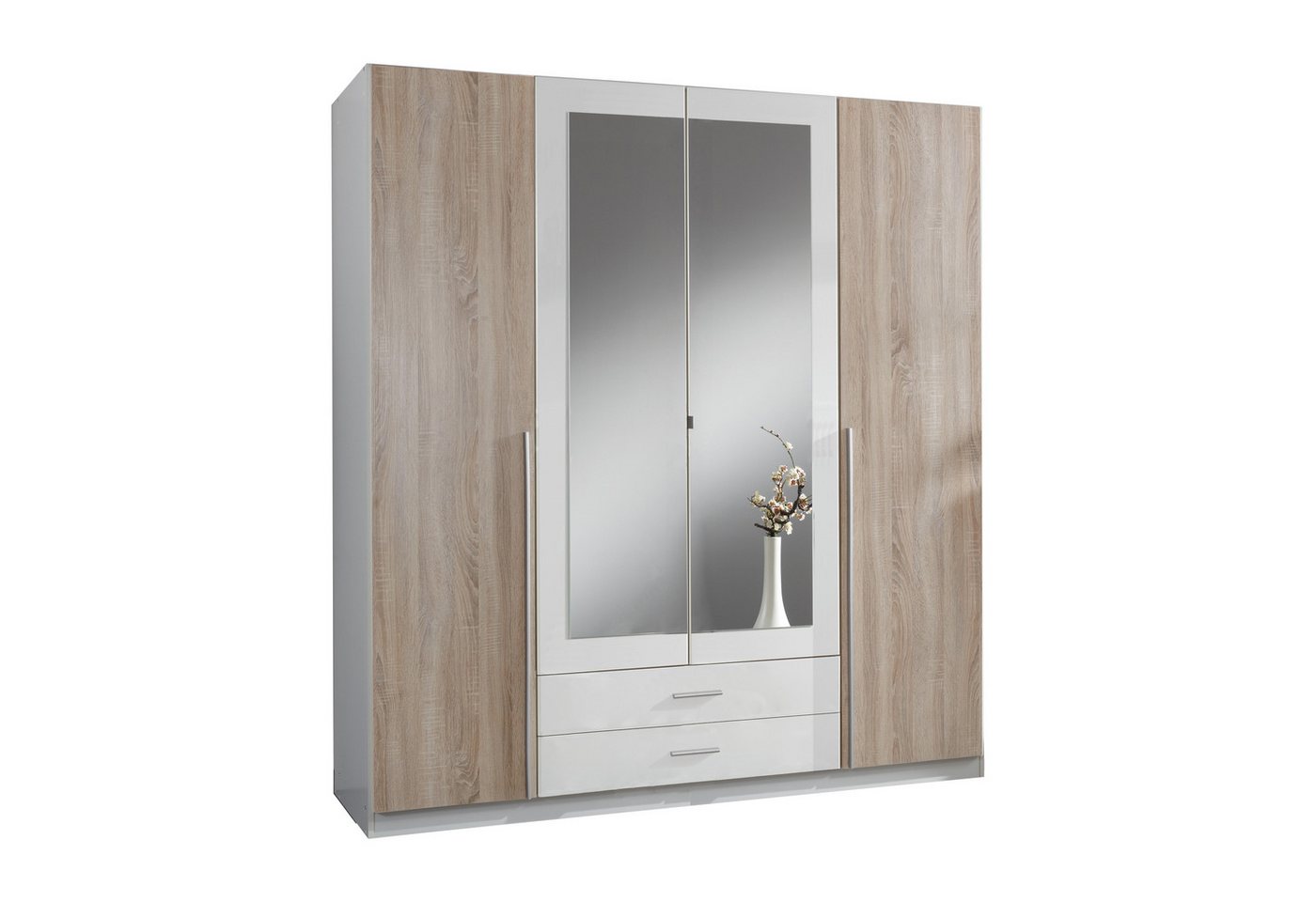 möbel-direkt.de Drehtürenschrank Skate Weiß mit Eiche Sägerau (Komplett, 1-St., Kleiderschrank als 2Türer, 3Türer oder 4Türer wählbar) Made in Germany, mit Spiegel von möbel-direkt.de