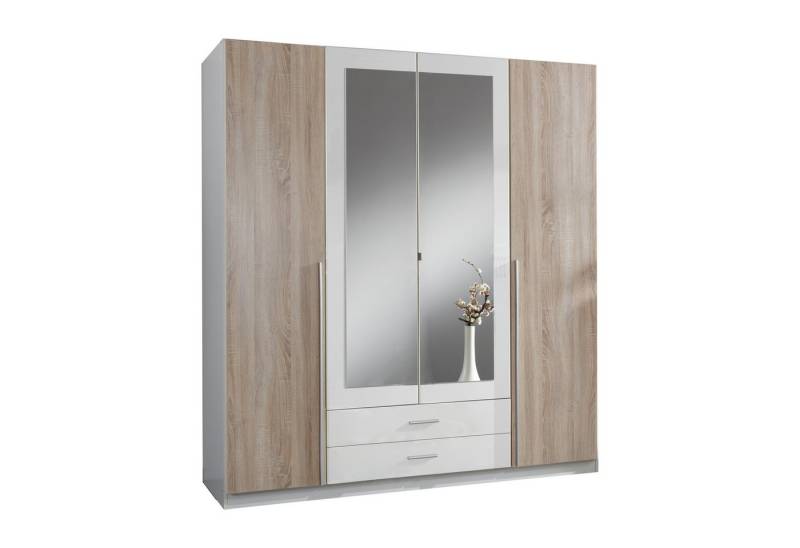 möbel-direkt.de Drehtürenschrank Skate Weiß mit Eiche Sägerau (Komplett, 1-St., Kleiderschrank als 2Türer, 3Türer oder 4Türer wählbar) Made in Germany, mit Spiegel von möbel-direkt.de