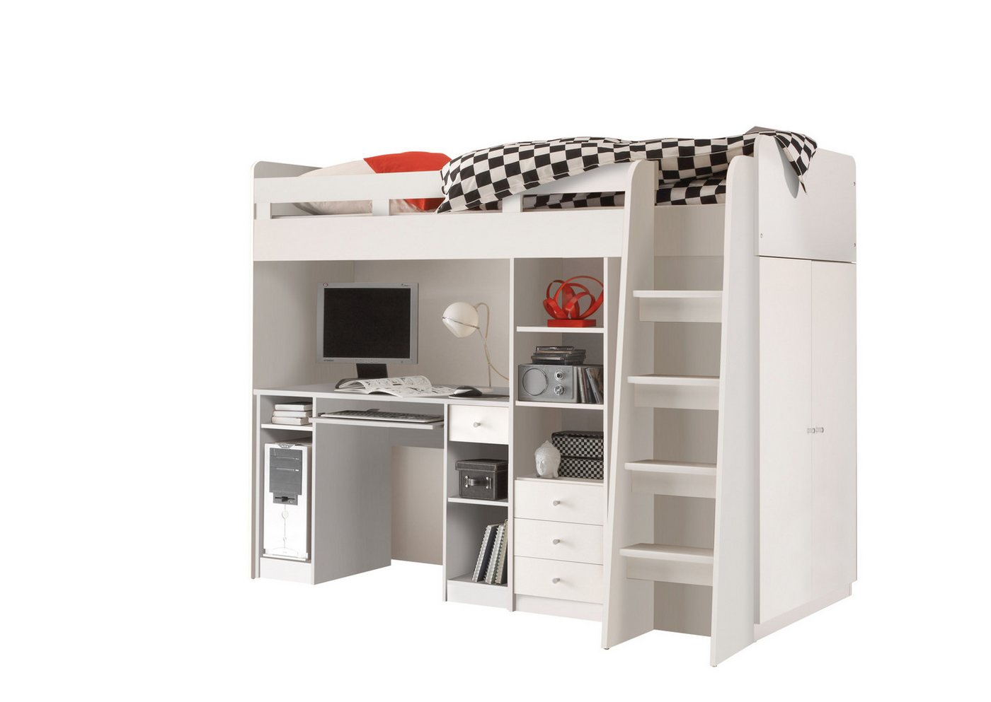 möbel-direkt.de Hochbett Unit (Komplett Set, in verschiedenen Farben wählbar) mit integriertem Schrank und Schreibtisch von möbel-direkt.de