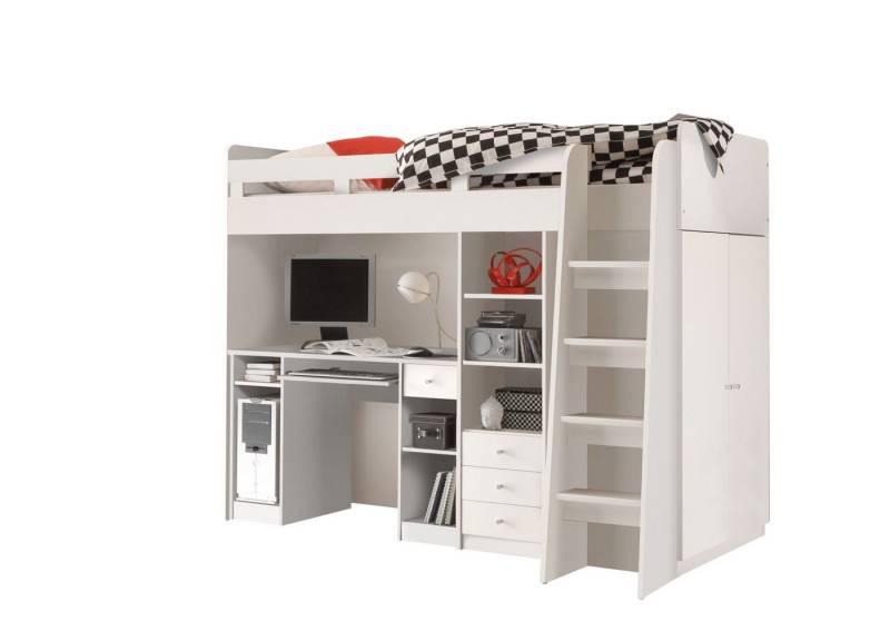 möbel-direkt.de Hochbett Unit (Komplett Set, in verschiedenen Farben wählbar) mit integriertem Schrank und Schreibtisch von möbel-direkt.de