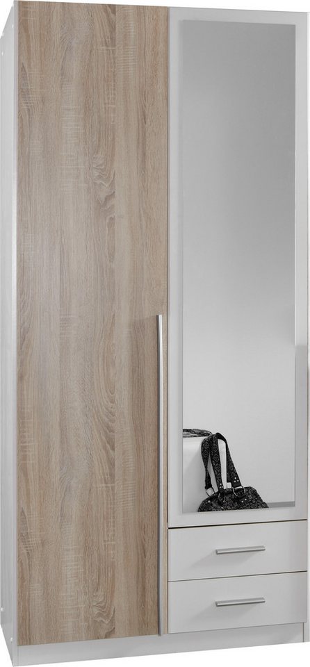 möbel-direkt.de Kleiderschrank Skate Weiß mit Eiche Sägerau (Komplett, 1-St., Drehtürenschrank als 2Türer, 3Türer oder 4Türer wählbar) mit Spiegel von möbel-direkt.de
