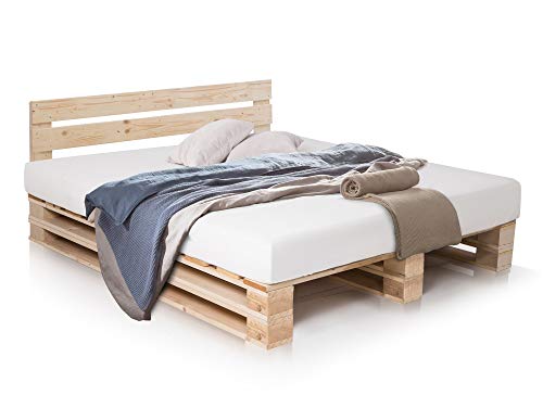 PALETTI Palettenbett inklusive Kopfteil Massivholzbett Holzbett Bett aus Paletten mit 11 Leisten, Palettenmöbel, 160 x 200 cm, Fichte Natur von moebel-eins
