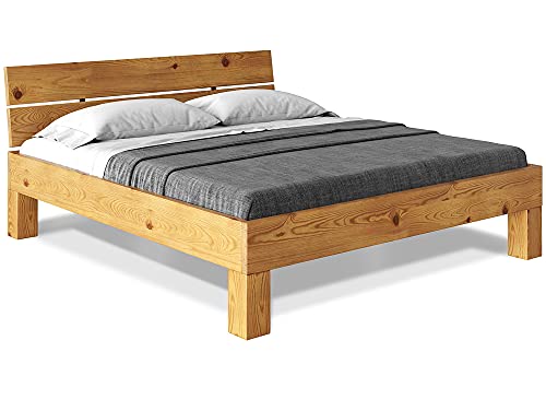 moebel-eins CURBY 4-Fuß-Bett mit Kopfteil, Material Massivholz, rustikale Altholzoptik, Fichte, 140 x 220 cm, Natur, Standardhöhe von moebel-eins