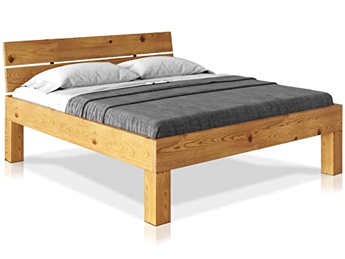 moebel-eins CURBY 4-Fuß-Bett mit Kopfteil, Material Massivholz, rustikale Altholzoptik, Fichte, 200 x 220 cm, Natur, Komforthöhe von moebel-eins